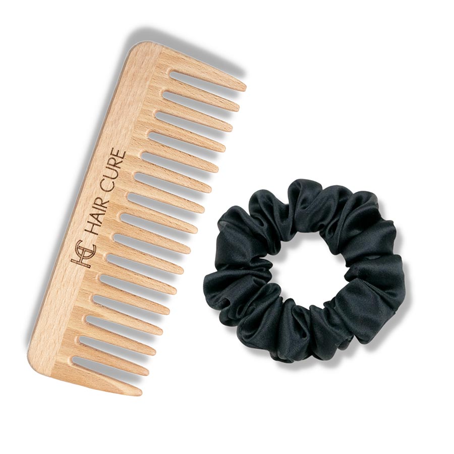 Zestaw do stylizacji włosów z jedwabną gumką do włosów i drewnianym grzebieniem o szerokim rozstawie zębów