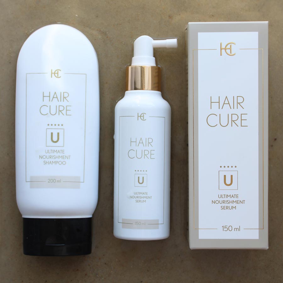 Zestaw pielęgnacyjny przeciw wypadaniu włosów z serum i szamponem Ultimate Nourishment oraz jedwabną gumką do włosów